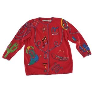 Michael Simon New York Red Ramos Blnd‎  Cardigan Sweater 2 Art To Wear 90s Y2K